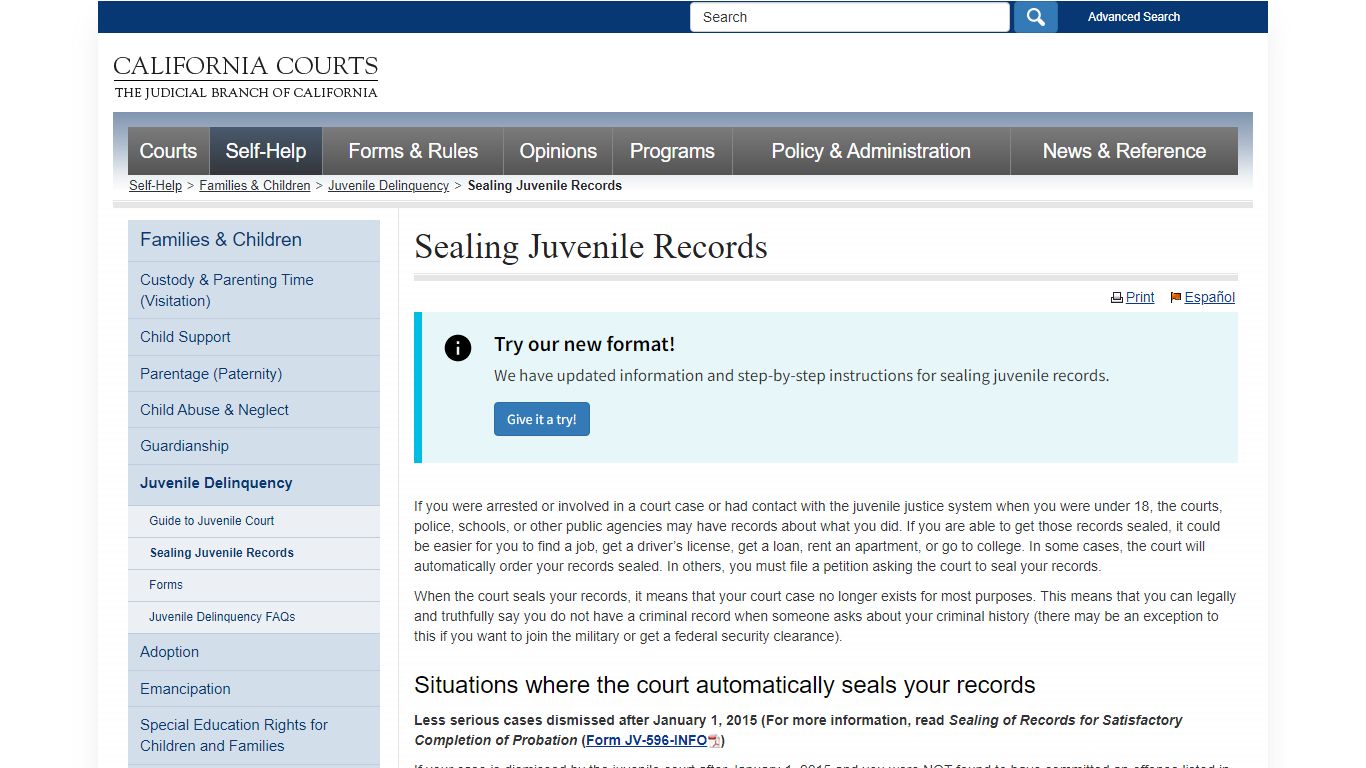 Sealing Juvenile Records - juvenile_famlaw_selfhelp - California