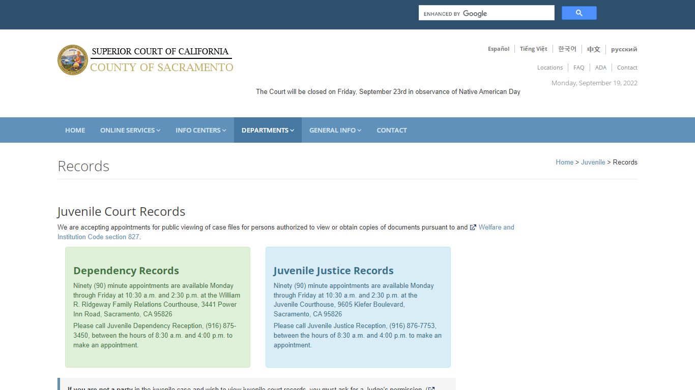 Juvenile Court Records: Sacramento Superior Court - California